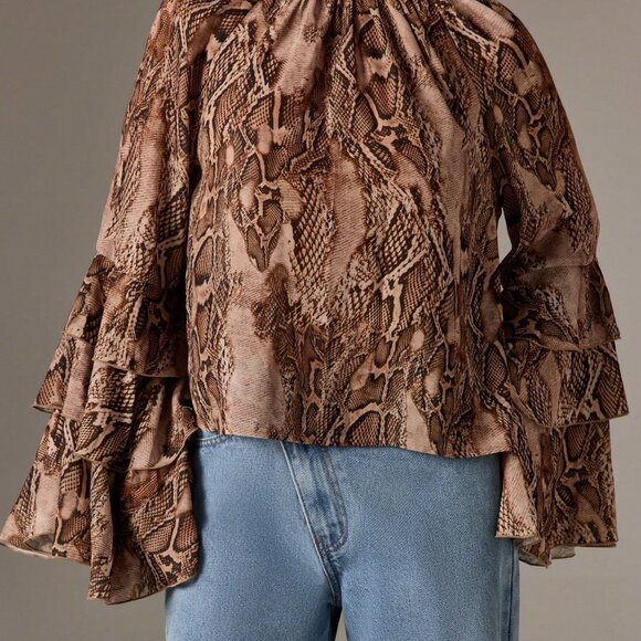 Elegant Multicolor Women's High Neck Long Sleeve Snake Print Blouse - Picture 5 of 5